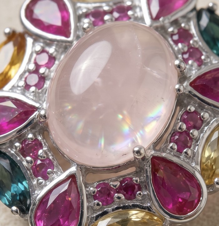 The Love Stone - Authentic 18.9 carat Rose Quartz .925 Sterling Silver luxuriously dipped in rhodium handmade earrings - Stone close-up of The Love Stone, 18.9 carat Rose Quartz with accents.