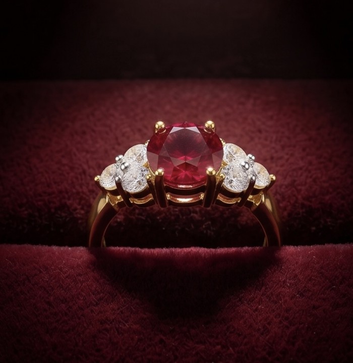Born to Glam authentic 4.2 carat Ruby 22K Gold over .925 Silver handcrafted Ring s. 7 1/4 - Front view of ruby ring with side diamonds in velvet setting