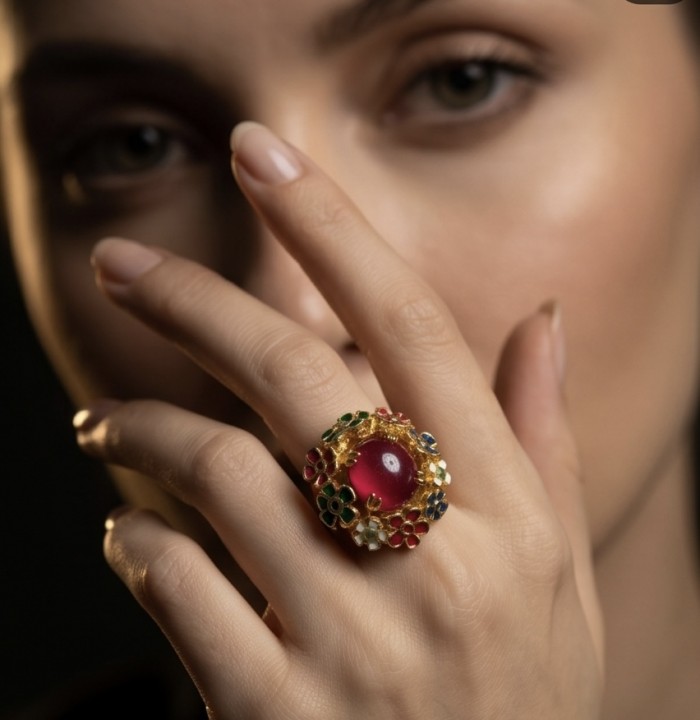 Blooming Garden Genuine 10.5 carat Kashmir Ruby enamel .925 Sterling Silver dipped in 22K Gold Large Statement Ring size 6 3/4 - Close-up of Blooming Garden ring with 10.5 carat ruby, worn on hand.