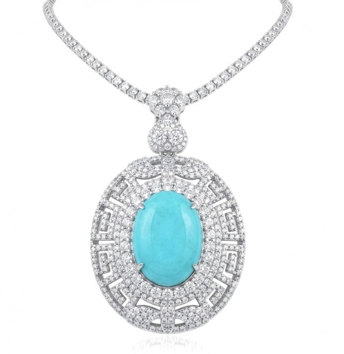Colombian Briliance - oval cut 15.7 carat Emerald .925 Sterling Silver handcrafted necklace - Necklace front view with oval emerald and diamond details.