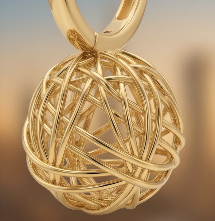 Dubai Style - Golden SPHERES .925 Sterling Silver dipped in 22K Gold handmade Earrings - Close-up of spherical gold wire pendant design.