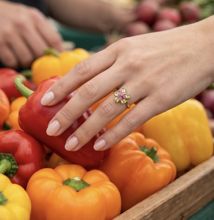 Flower 4.2 carat Peridot Ruby 18K Gold over .925 Sterling Silver Handcrafted Ring size 8 - Ring on hand holding red pepper among colorful bell peppers