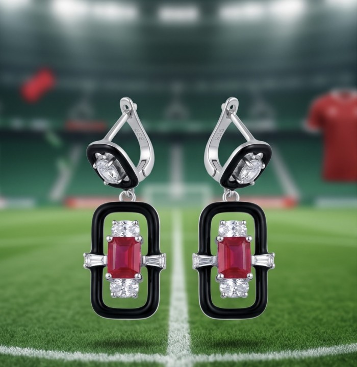 Art Deco - 4.5 carat Ruby enamel .925 Sterling Silver handcrafted incredible earrings - Art Deco ruby earrings on a field background, front view.