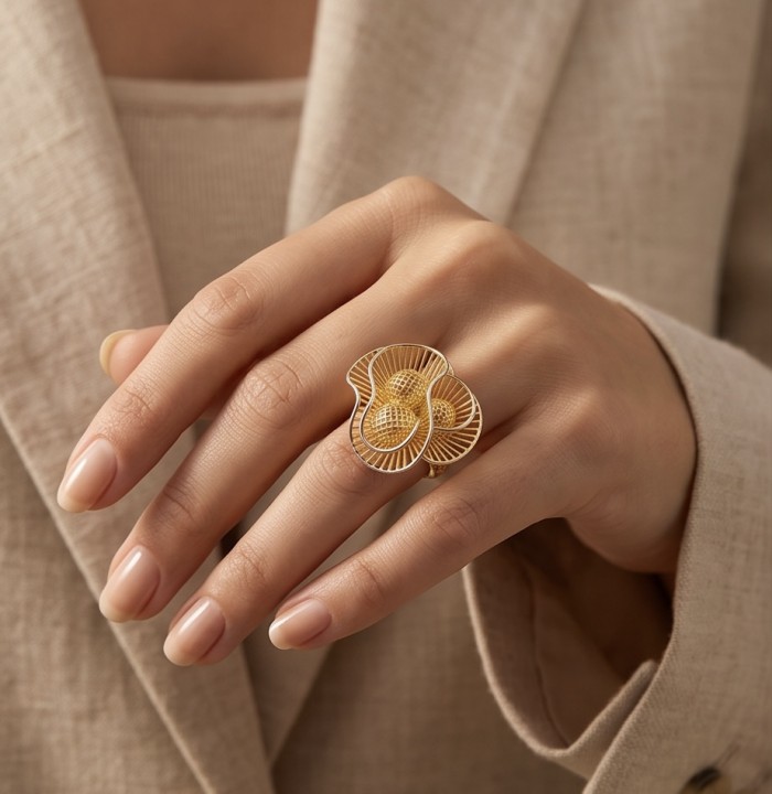 GOLDEN ROSE- Dubai Style - .925 Sterling Silver dipped in 22K Gold handmade Large ring size 7 1/4 - Gold ring on hand, top view showing intricate floral design.