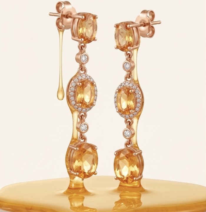 Giovanna - Genuine 4.6 carat orange Sapphire 22K Gold over .925 Sterling Silver handcrafted Statement Earrings - Front view of orange sapphire earrings dripping with gold.