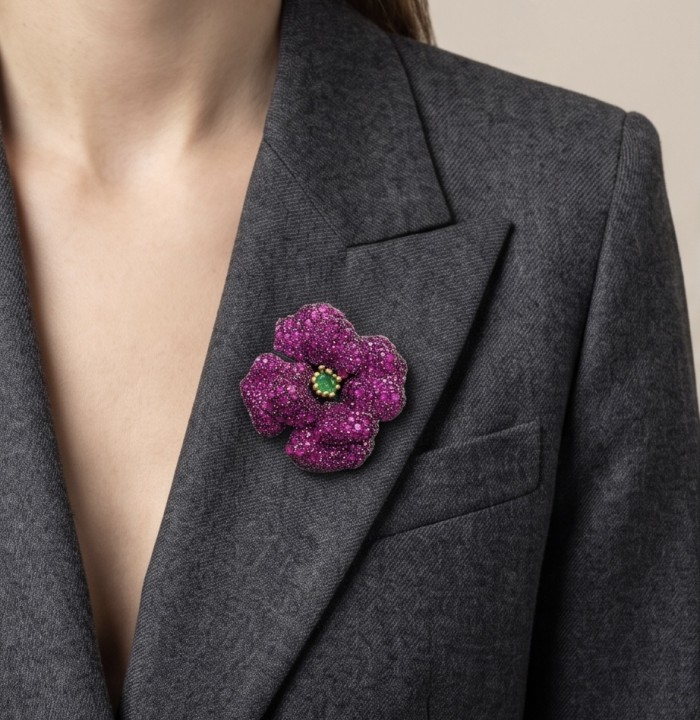 Black Label Collection - Retro Style - Rose Genuine 42.5 carat Ruby 2 tones .925 Sterling Silver dipped in rhodium handmade Pendant - Brooch - Rose jewelry on lapel close-up with vibrant gemstone detail