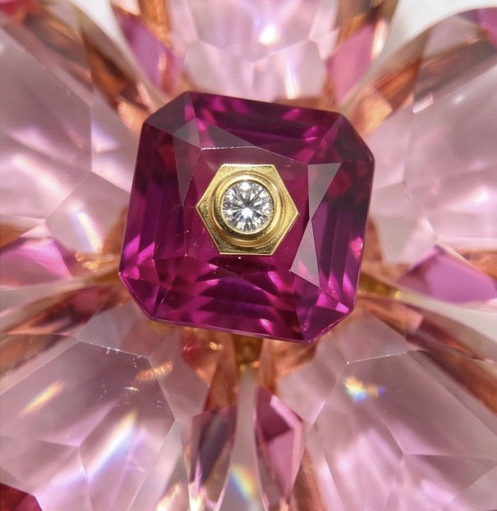 Cherry Blossom 28.5 carat Pink Topaz 14K Gold over .925 Silver handcrafted Statement necklace - Close-up of Cherry Blossom Pink Topaz with gold and diamond detail.