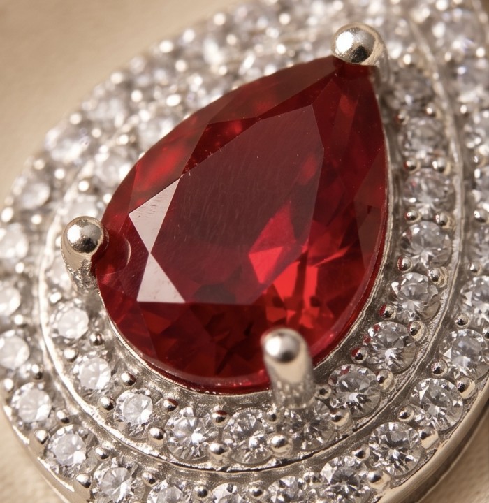 Exquisite 3.4 ctw Mozambique Ruby .925 Sterling Silver handcrafted Statement earrings - Close-up of Mozambique ruby set in .925 sterling silver with diamonds.