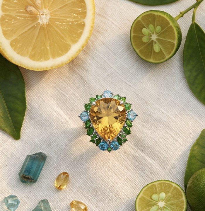 Emily 24.2 carat Brazilian Citrine EMERALD .925 Sterling Silver dipped in rhodium handcrafted ring; s. 8 1/4 - Top view of Emily 24.2 carat citrine ring with emeralds and turquoise.