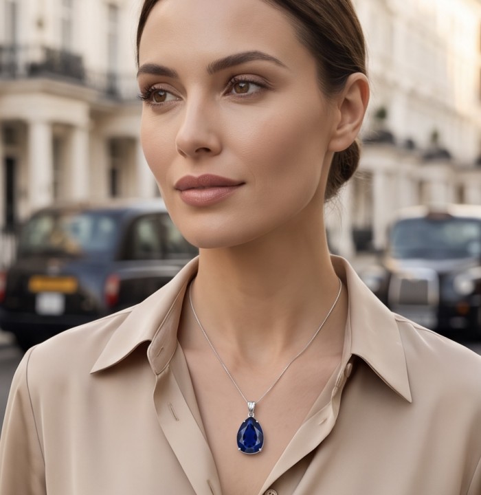 Emma 17.5 carat London Blue Topaz .925 Sterling Silver handmade Statement Pendant - Woman wearing Emma 17.5 ct London Blue Topaz necklace, front view.