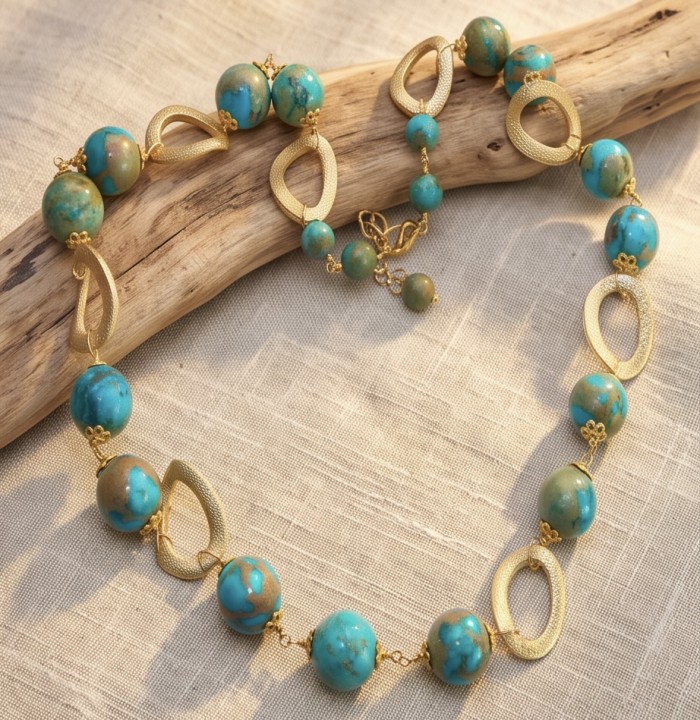 Bohemian Style Sea Sediment Jasper .925 Sterling Silver handmade necklace - Bohemian style necklace with sea sediment jasper and gold accents.