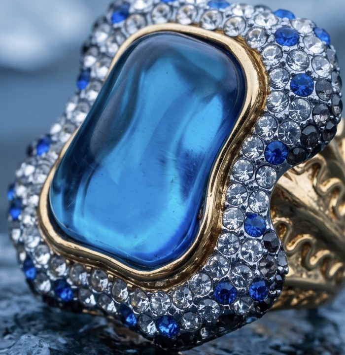 Blue Rhapsody - 18.5 carat natural Swiss Blue Topaz .925 Sterling Silver dipped in 22K Gold handcrafted Large Statement Ring size 7 1/2 - Stone close-up of Blue Rhapsody ring with diamonds and blue accents.