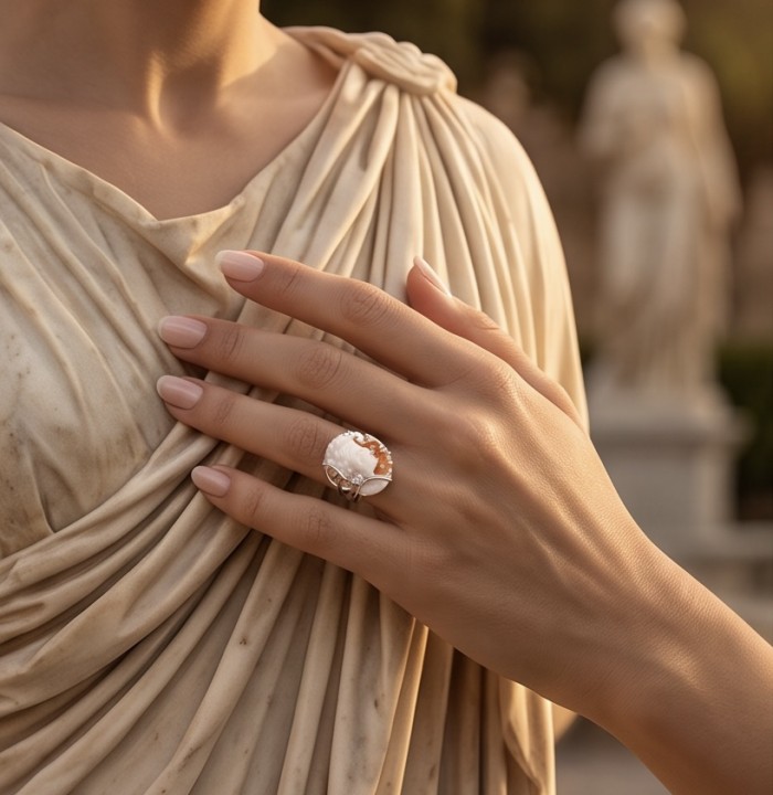 Exquisite oval Cameo real carved Ocean Shell .925 Sterling Silver handcrafted Made in Italy Statement ring; s. 7 ADJUSTABLE - Cameo ocean shell ring in .925 sterling, worn on hand.