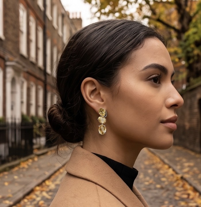 Victoria Authentic 15.5 carat Brazilian Citrine .925 Sterling Silver brilliantly handcrafted Statement earrings - Side view of Victoria Authentic Citrine earrings worn outside.