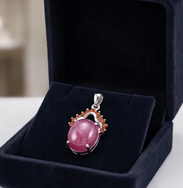 Authentic 6.5 CARAT Ruby .925 Sterling Silver Pendant - Ruby pendant in box, front view showcasing stone and setting details.