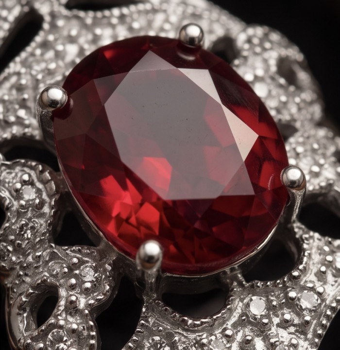 Bella Rosa Genuine 4.9 CARAT Ruby rhodium over .925 Sterling Silver Statement Ring size 8 1/4 - Close-up of a ruby in a decorative sterling silver setting.