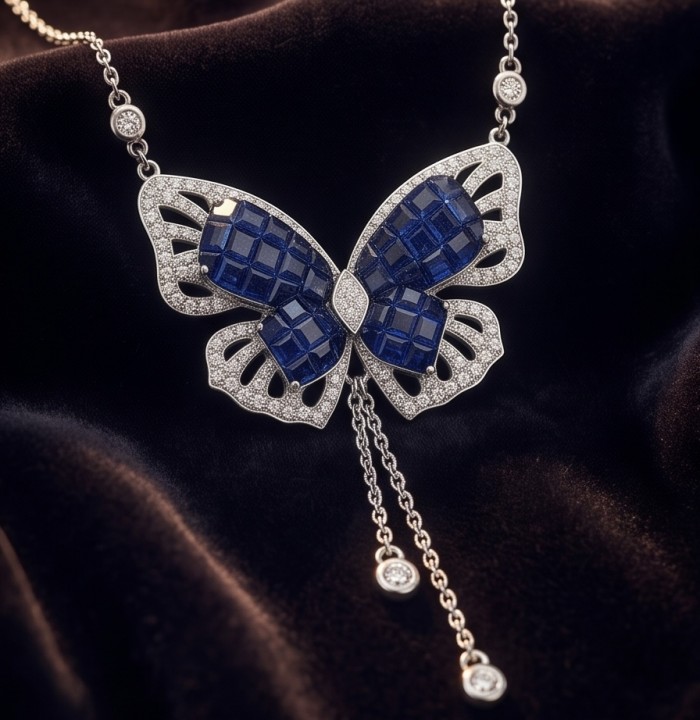 Blue Butterfly mystery setting 8.2 carat natural Sapphire .925 Sterling Silver handcrafted Necklace - Butterfly sapphire necklace front view showing details on velvet.