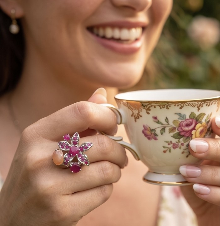 Isabella - Beauty of Nature - natural 15.8 carat yellow Sapphire Ruby Rhodium over .925 Sterling Silver handmade Statement Ring s. 7 - Ring with pink gems, worn on hand holding floral teacup