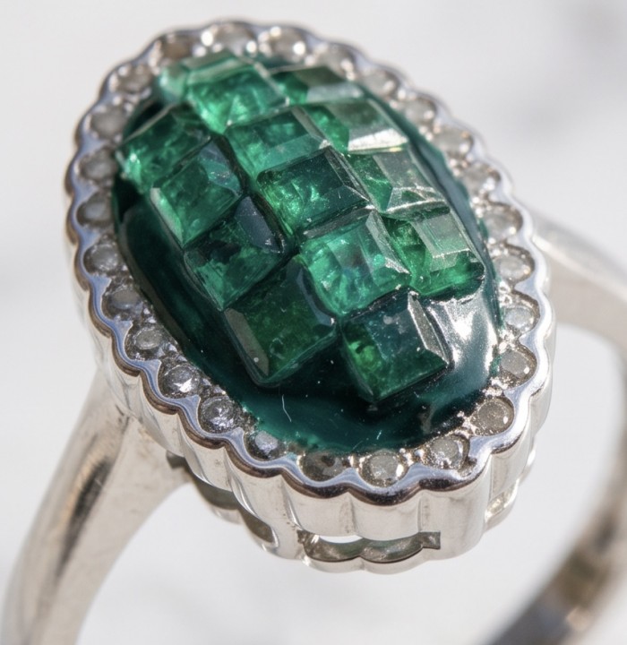 Genuine mystery setting 5.5 CARAT Emerald rhodium over .925 Sterling Silver Statement Ring size 7 1/4 - Close-up of mystery setting emerald ring with rhodium plating.