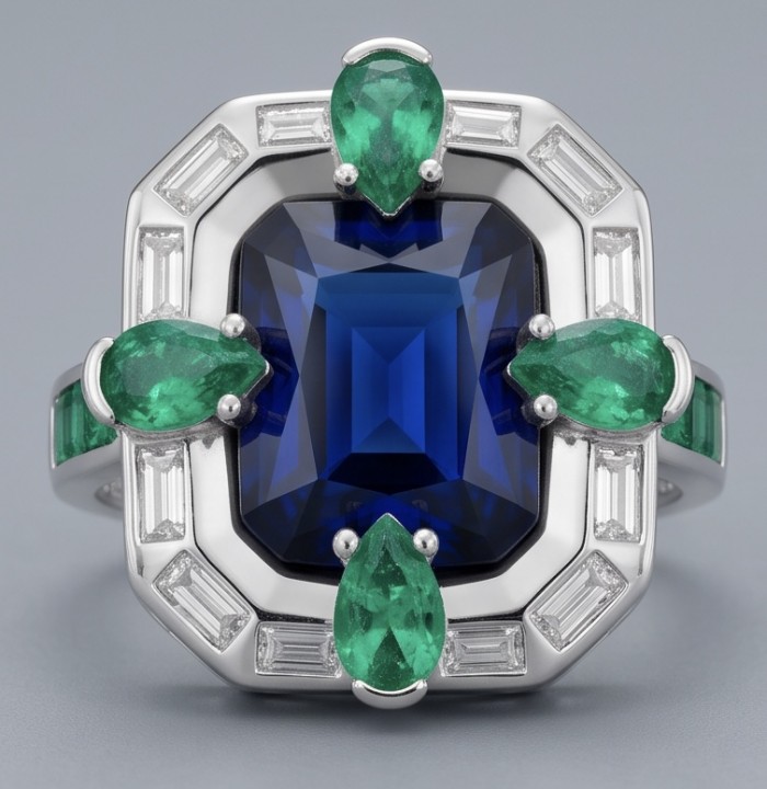 Art Deco 8.6 ctw Sapphire Emerald .925 Sterling Silver handcrafted Statement Ring size 8 - Close-up of Art Deco ring with sapphire, emeralds, sterling silver.
