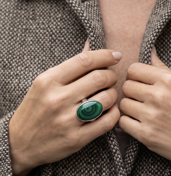 Green River 33.2 CARAT genuine Malachite from Utah .925 Sterling Silver handcrafted ring size 8 adjustable - Hand wearing Green River Malachite ring, close-up detail.