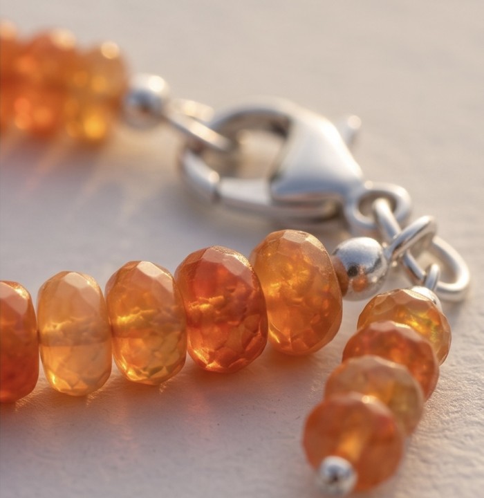Sublime Brilliance Authentic Orange Fire Opal .925 Sterling Silver handcrafted bracelet - Clasp detail with orange fire opal beads in close-up view.