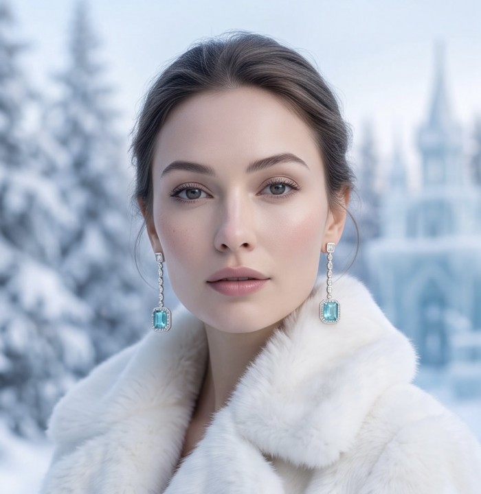 Incredible 8.5 carat Paraiba Tourmaline .925 Sterling Silver entirely handmade earrings - Woman wearing 8.5 carat Paraiba Tourmaline earrings in snowy setting
