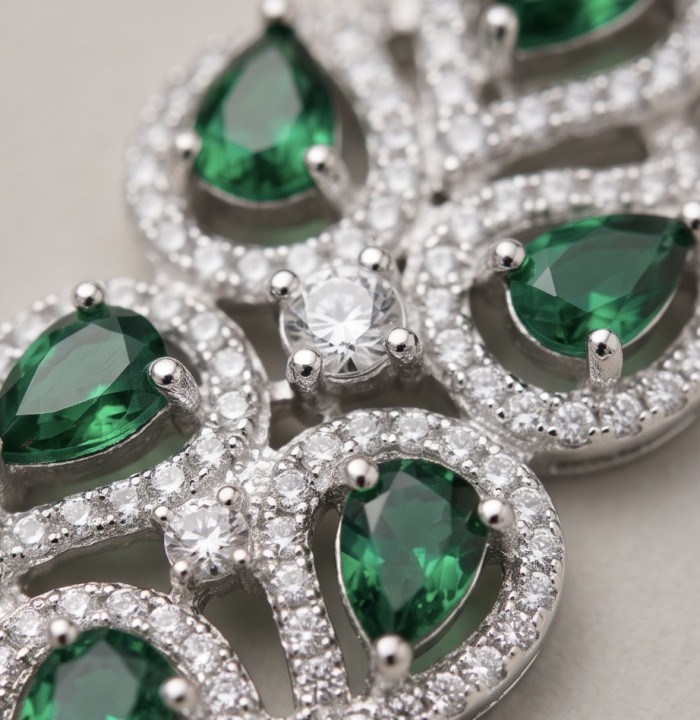 Authentic 6.5 carat Tsavorite Garnet rhodium over .925 Sterling Silver handmade Statement Pendant - Close-up of authentic Tsavorite Garnet with diamonds in rhodium setting.