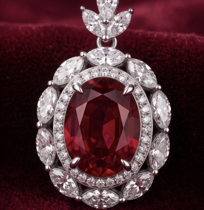 Luxurious 17.9 carat natural Mozambique Ruby .925 Sterling Silver .925 Sterling Silver Statement Necklace - Close-up of luxurious 17.9 carat natural Mozambique ruby pendant.