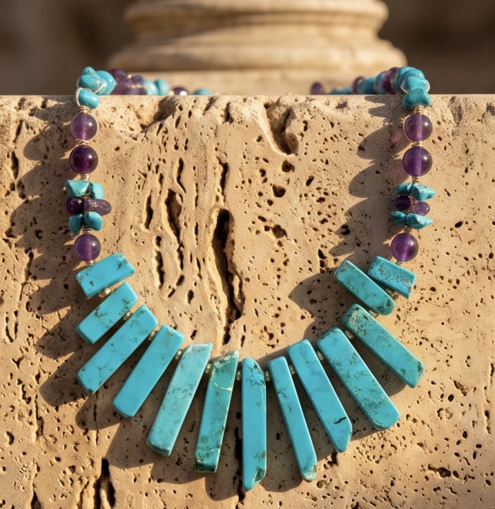 Dreamland - natural Turquoise Amethyst .925 Sterling Silver handmade necklace - Necklace on stone backdrop, focus on turquoise and amethyst stones.