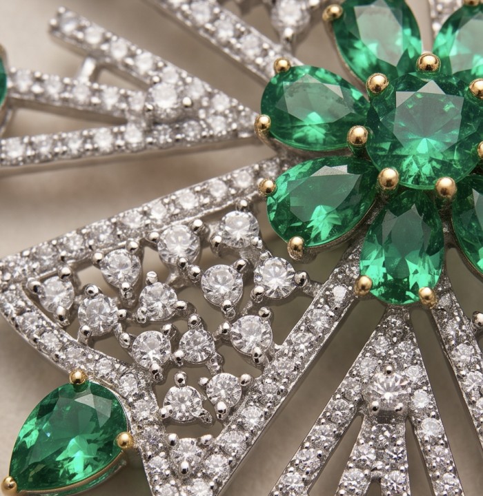 Genuine 14.5 carat Tsavorite Garnet .925 Sterling Silver handmade Brooch - Close-up of emerald cluster and diamond accents on sterling silver jewelry