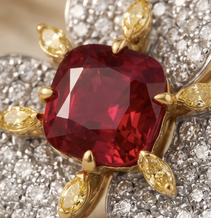 Exotica - authentic 7.9 carat Brazilian Garnet 2 tones .925 Sterling Silver dipped in rhodium handcrafted earrings - Close-up of Brazilian garnet ring with diamonds and gold accents