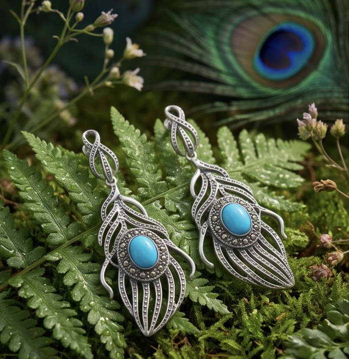 Valentina 12.9 carat Natural TURQUOISE .925 Sterling Silver dipped in RHODIUM handcrafted earrings - Turquoise sterling silver earrings on ferns with peacock feather backdrop.