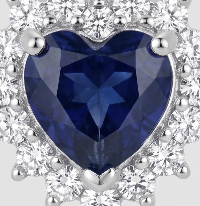 Vintage Beauty 0.8 carat Sapphire .925 Sterling Silver handcrafted earrings - Close-up of heart-shaped sapphire with diamond accents in sterling silver