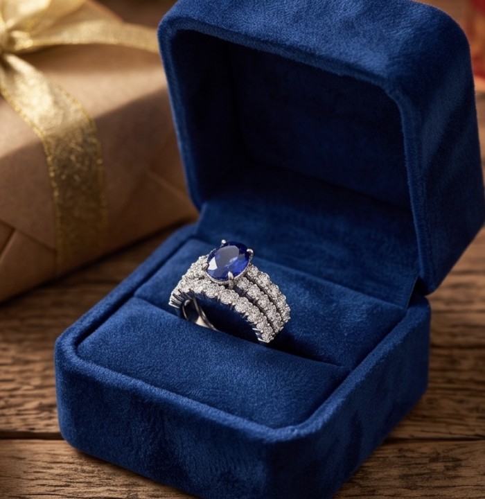 Classy design- 4.2 carat natural Sapphire .925 Sterling Silver Perfectly handcrafted Ring s. 7 - Sapphire ring in blue box, top view, with gift box background.
