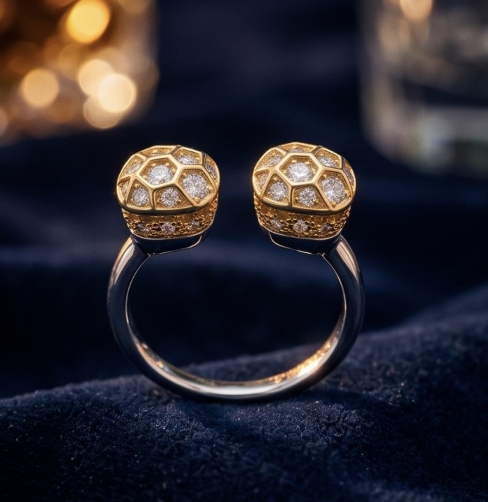Luxurious 3.8 carat White Topaz 14K Gold over .925 Sterling Silver handcrafted Statement Ring size 7 - Close-up of a luxurious gold and topaz ring on a dark fabric background.