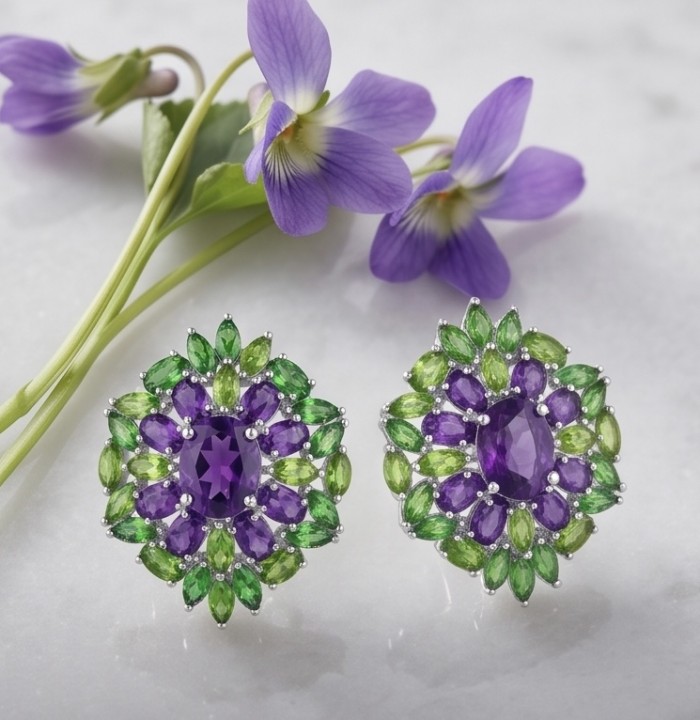 Rosaria Genuine 15.9 carat Brazilian Amethyst rhodium over .925 Sterling Silver handcrafted Statement earrings - Elegant earrings with green and purple gemstones, top view.