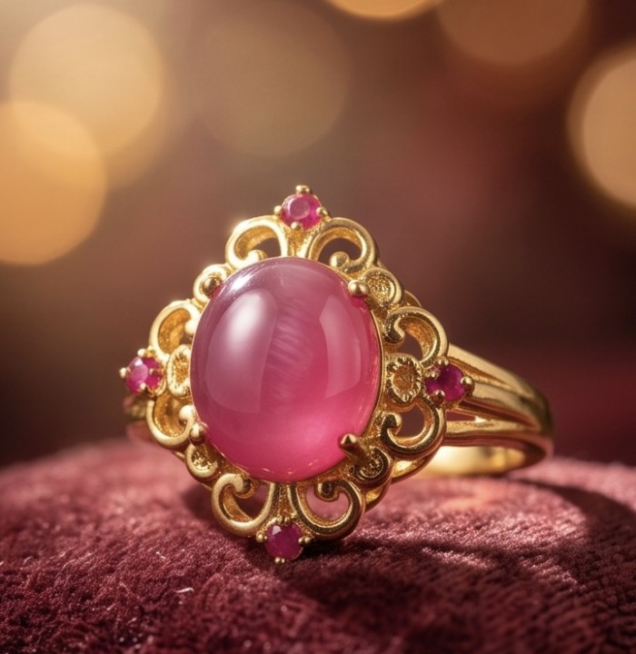 Bella Rosa Genuine 9.5 CARAT Star Ruby 22K Gold over .925 Sterling Silver Statement Ring size 7 - Close-up of Bella Rosa Star Ruby ring, gold filigree setting visible.