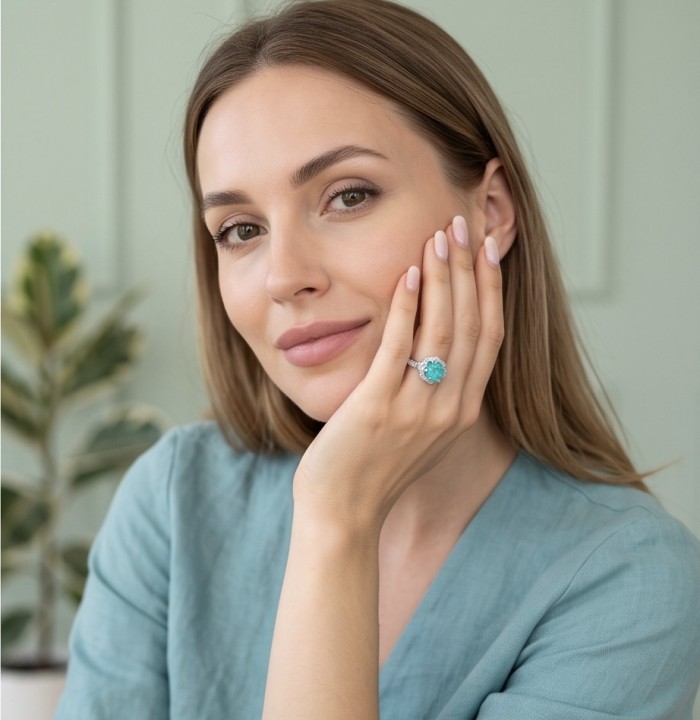 Elizabeth 9.8 carat Colombian Emerald .925 Sterling Silver dipped in Rhodium handcrafted Ring size 8 1/4 - Woman wearing Elizabeth 9.8 carat emerald ring on hand