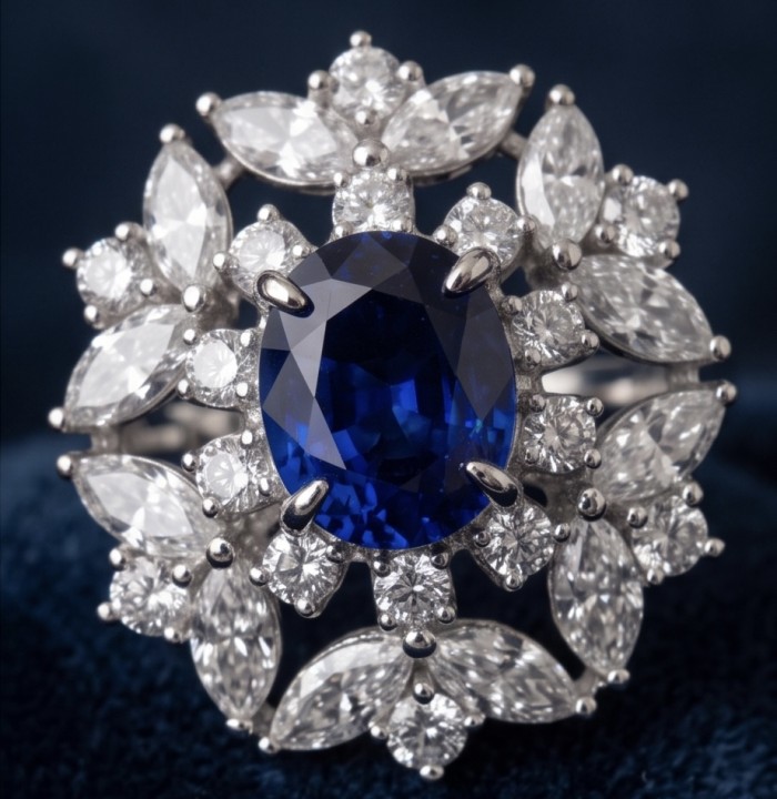 Classy design - 4.7 carat natural Sapphire .925 Sterling Silver Perfectly handcrafted Ring s. 6 1/4 - Close-up of a sapphire ring with diamond accents on sterling silver.