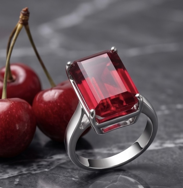 Bella Rosa Genuine 10.5 CARAT baquette cut Ruby rhodium over .925 Sterling Silver Statement Ring size 6 - Ruby ring close-up with cherries in the background
