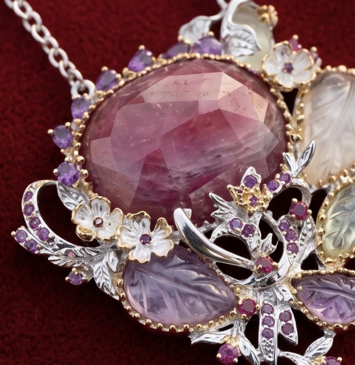 Serenity Luxurious 81.5 carat natural Mozambique Ruby .925 Sterling Silver .925 Sterling Silver Statement Necklace - Close-up of Serenity necklace with Mozambique ruby and floral detailing