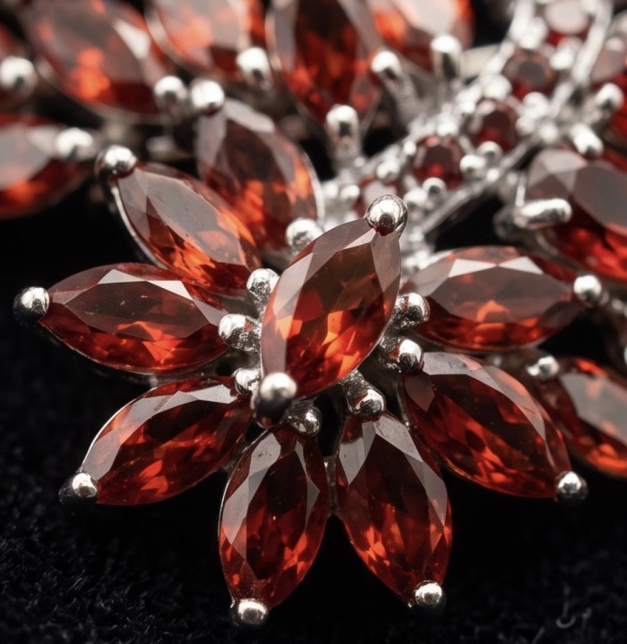 Mademoiselle - Vintage Design 30.2 CARAT Brazilian Garnet rhodium over .925 Sterling Silver handcrafted Pendant & Brooch - Close-up of Mademoiselle vintage design with Brazilian garnet stones