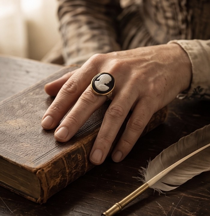 Exquisite Cameo 2 tones .925 Sterling Silver handcrafted Made in Italy Statement ring; s. 8 1/2 - Cameo ring in two-tone silver worn on hand, vintage book and quill nearby.