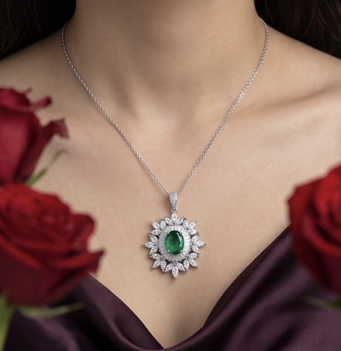 Giovanna - Authentic 4.8 carat COLOMBIAN EMERALD .925 Sterling Silver dipped in rhodium handcrafted pendant - Necklace with emerald pendant, worn view with roses in background.