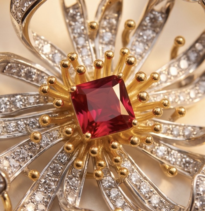 Exotic Flower - RARE FINDING - 4.7 carat Authentic Ruby 18k Gold over .925 Sterling Silver handcrafted Pendant Brooch - Close-up of Exotic Flower jewelry with ruby center and diamond accents.
