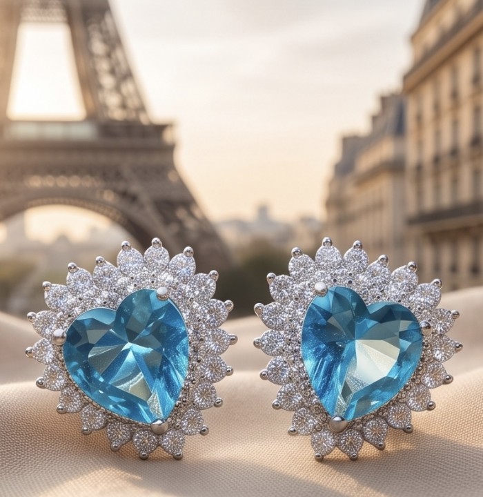 Heartes 6.7 carat Swiss Blue Topaz .925 Sterling Silver Handcrafted earrings - Heart-shaped blue topaz earrings with diamond halo, Eiffel Tower backdrop