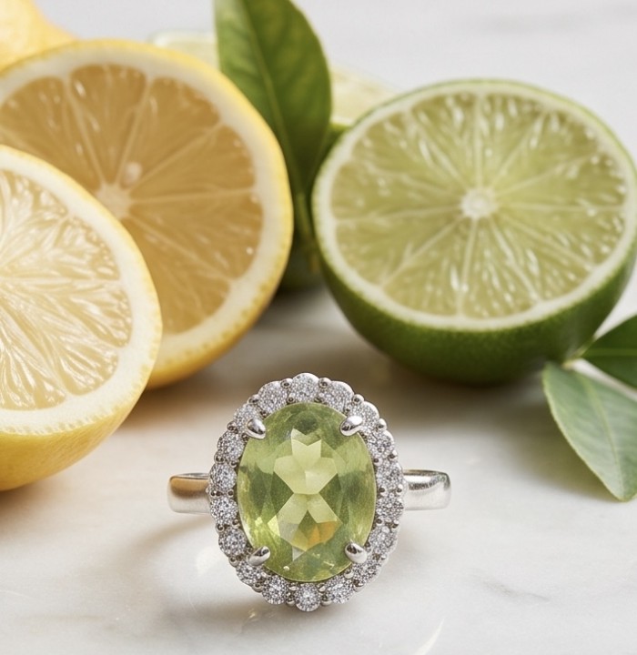 Nature 10.9 carat authentic Himalayan Peridot .925 Sterling Silver dipped in Rhodium Handcrafted Statement Ring size 6 - Close-up of Himalayan Peridot ring with citrus background.