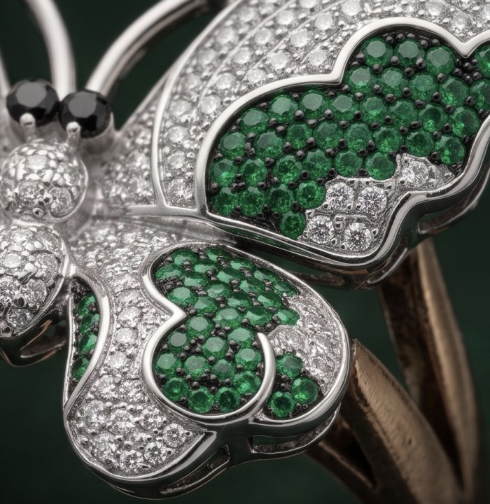 Precious Butterfly Genuine pave 6.5 carat Emerald .925 Sterling Silver handmade LARGE Statement Ring size 6 1/2 - Close-up of butterfly ring with emerald and diamond pavé detail