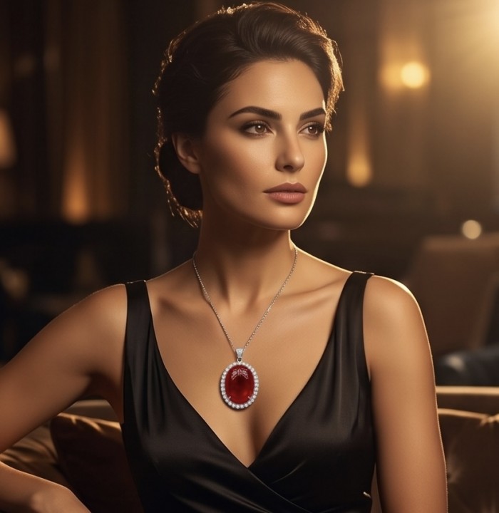 Rare finding! Deluxe 145.2 carat authentic Kashmir Star Ruby rhodium over .925 Sterling Silver handmade Statement Pendant - Woman wearing deluxe 145.2 carat Kashmir ruby necklace, front view.